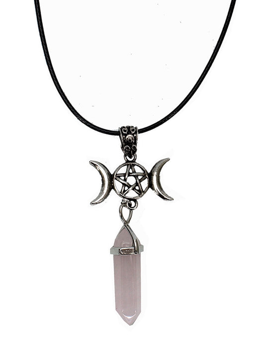 Triple Moon Rose Quartz Wand Pendant