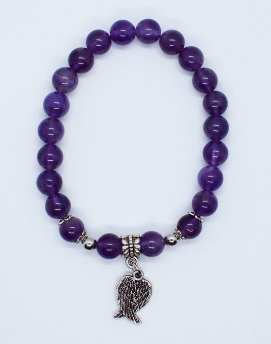 Amethyst Bead Bracelet with Angel Wings